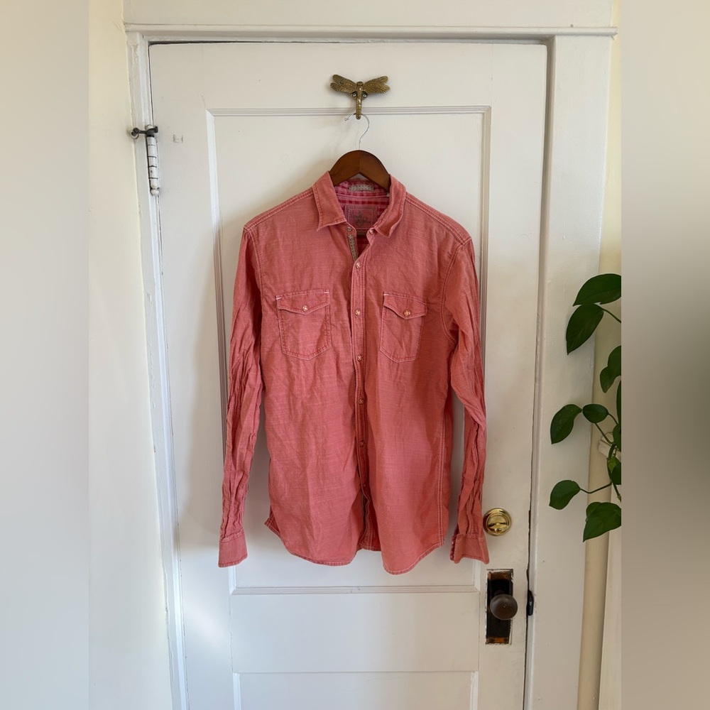 Age Of‎ Wisdom Men’s Pearl Snap Double Pocket Long Pink/Orange Shirt Large